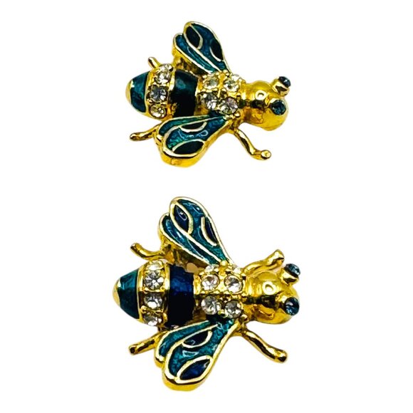 Vintage Bee Shaped Gold-Tone Clip-On Earrings W Rhinestones & Enamel Accents - Picture 2 of 8